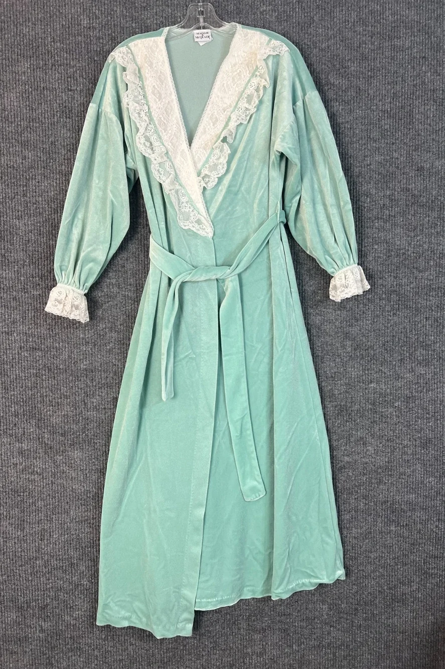 Vintage Maggie McQuade Mint Green Velvet Robe Long Lace Trim Dressing Gown Small